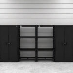 Garage storage cabinets with 4 lockers and 2 shelving units