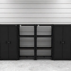 Garage storage cabinets with 4 lockers and 2 shelving units