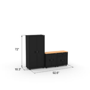 CAT steel garage storage cabinets with workbench setup