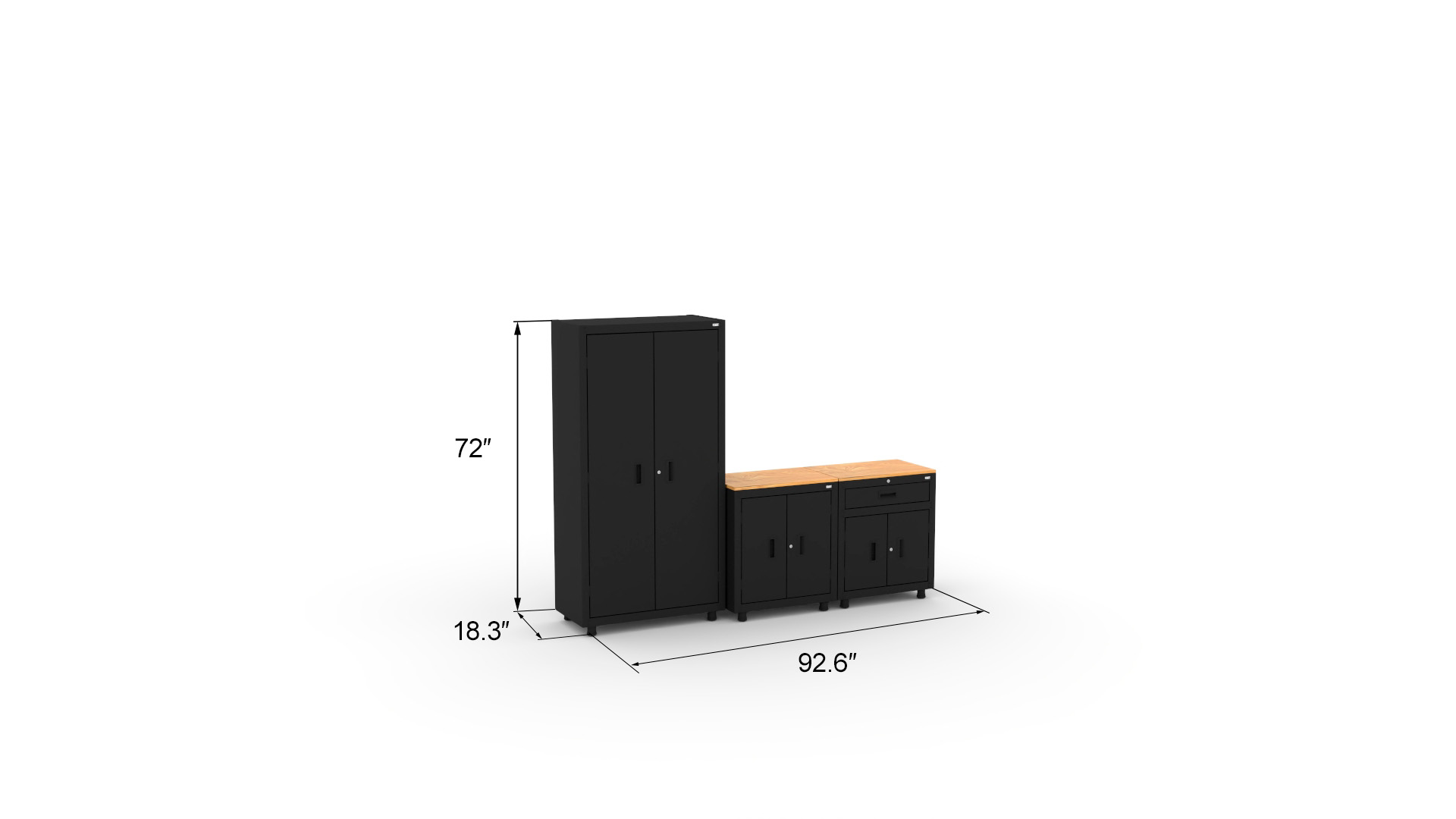 CAT-RTASETC_dims CAT steel garage storage cabinets with workbench setup