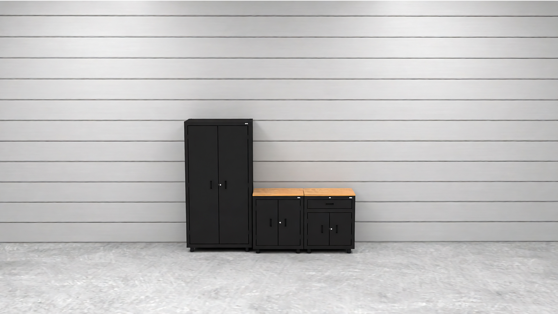 CAT-RTASETC_lifestyle CAT steel garage storage cabinets with workbench setup