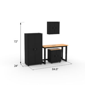 CAT storage cabinet set with 1 locker, 1 wall cabinet, 1 base cabinet and 48 inch workbench