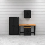 CAT storage cabinet set with 1 locker, 1 wall cabinet, 1 base cabinet and 48 inch workbench