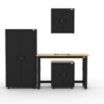 CAT storage cabinet set with 1 locker, 1 wall cabinet, 1 base cabinet and 48 inch workbench