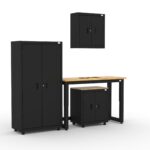 CAT storage cabinet set with 1 locker, 1 wall cabinet, 1 base cabinet and 48 inch workbench