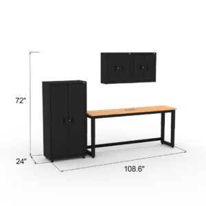 CAT storage cabinet set with 1 locker, 2 wall cabinets and 72 inch workbench