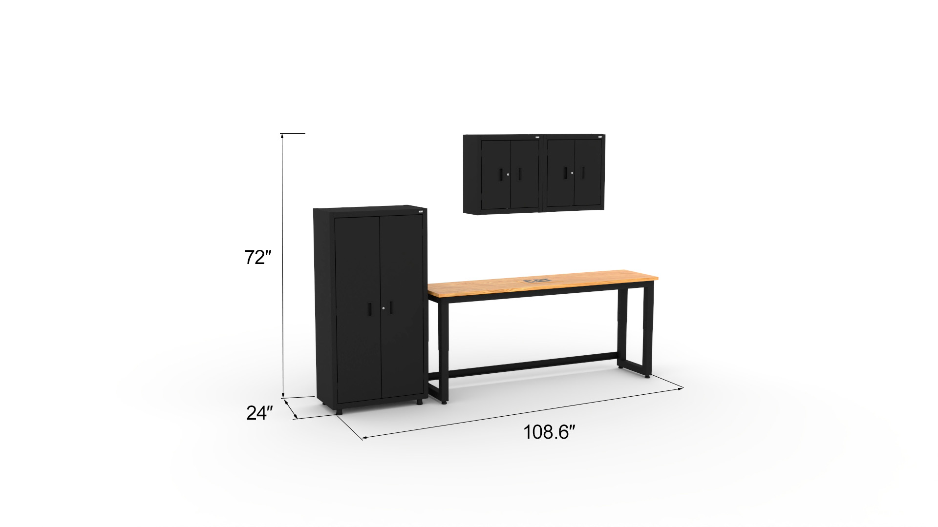 CAT-RTASETJ_dims CAT storage cabinet set with 1 locker, 2 wall cabinets and 72 inch workbench