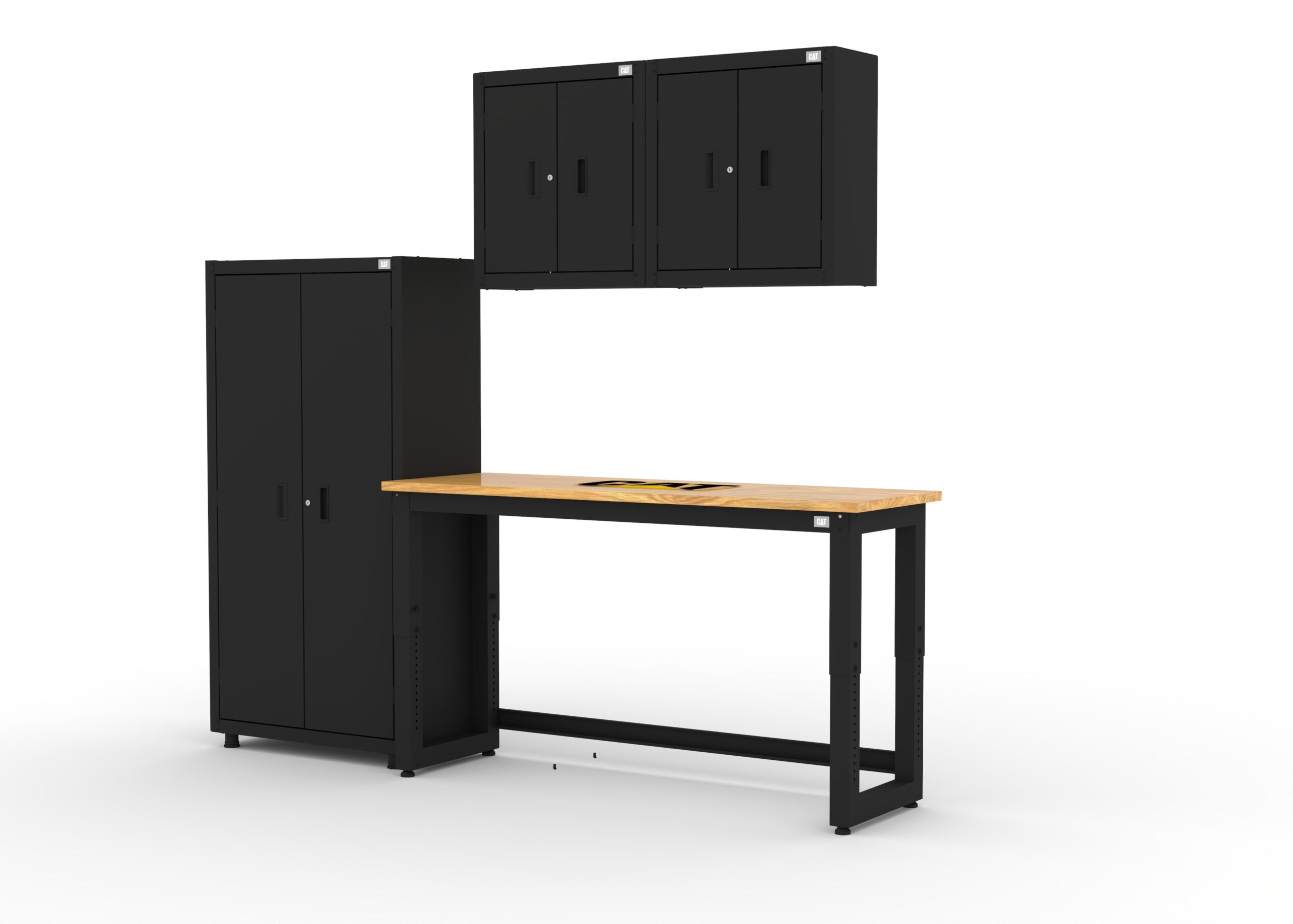 CAT-RTASETJ_left CAT storage cabinet set with 1 locker, 2 wall cabinets and 72 inch workbench