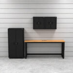 CAT storage cabinet set with 1 locker, 2 wall cabinets and 72 inch workbench