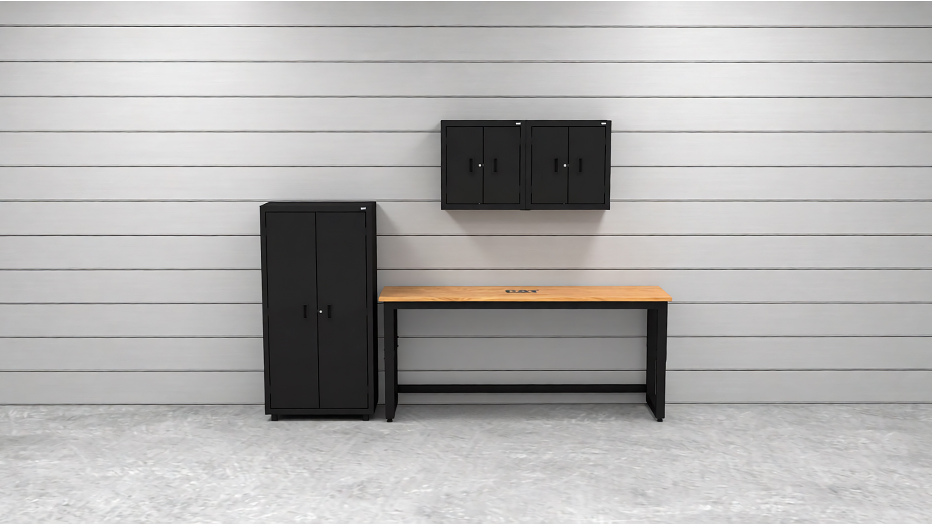 CAT-RTASETJ_lifestyle CAT storage cabinet set with 1 locker, 2 wall cabinets and 72 inch workbench