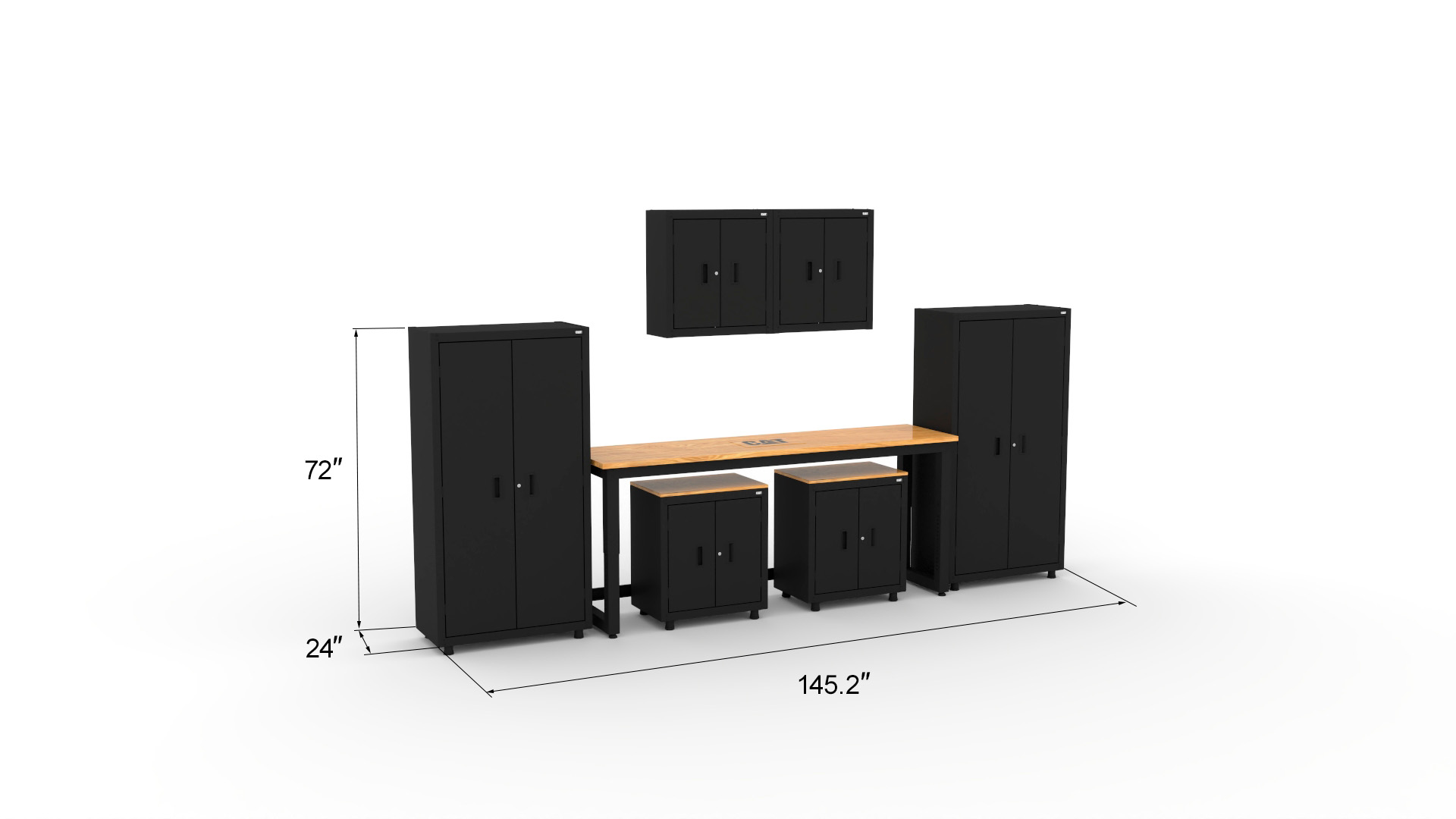CAT-RTASETL_dims CAT storage cabinet set with 2 lockers, 2 wall cabinets, 2 base units and 72 inch workbench