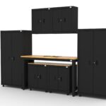 CAT storage cabinet set with 2 lockers, 2 wall cabinets, 2 base units and 72 inch workbench