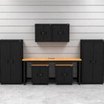 CAT storage cabinet set with 2 lockers, 2 wall cabinets, 2 base units and 72 inch workbench