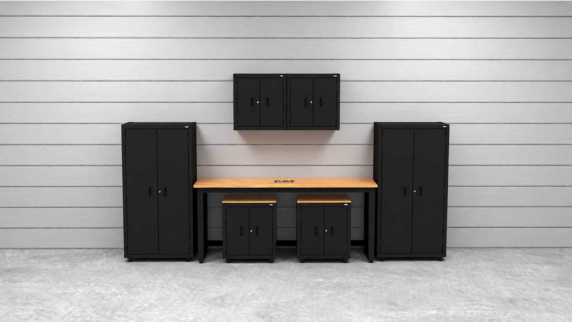 CAT-RTASETL_lifestyle CAT storage cabinet set with 2 lockers, 2 wall cabinets, 2 base units and 72 inch workbench