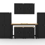 CAT storage cabinet set with 2 lockers, 2 wall cabinets, 2 base units and 72 inch workbench