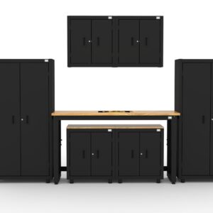 CAT storage cabinet set with 2 lockers, 2 wall cabinets, 2 base units and 72 inch workbench