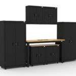 CAT storage cabinet set with 2 lockers, 2 wall cabinets, 2 base units and 72 inch workbench