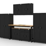 CAT garage storage cabinets with 2 lockers, 2 wall cabinets, 1 base, 1 drawer-base and 72 inch workbench