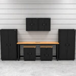 CAT garage storage cabinets with 2 lockers, 2 wall cabinets, 1 base, 1 drawer-base and 72 inch workbench