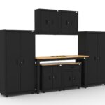 CAT garage storage cabinets with 2 lockers, 2 wall cabinets, 1 base, 1 drawer-base and 72 inch workbench