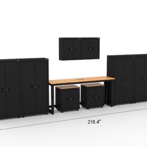 CAT garage storage cabinets with 4 lockers, 2 wall cabinets, 2 base cabinets and 72 inch workbench