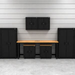 CAT garage storage cabinets with 4 lockers, 2 wall cabinets, 2 base cabinets and 72 inch workbench