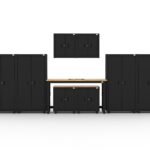 CAT garage storage cabinets with 4 lockers, 2 wall cabinets, 2 base cabinets and 72 inch workbench