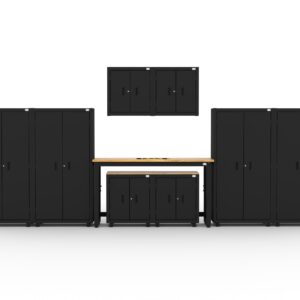 CAT garage storage cabinets with 4 lockers, 2 wall cabinets, 2 base cabinets and 72 inch workbench