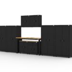 CAT garage storage cabinets with 4 lockers, 2 wall cabinets, 1 base unit, 1 drawer-base and 72 inch workbench