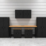 CAT garage storage cabinets with 4 lockers, 2 wall cabinets, 1 base unit, 1 drawer-base and 72 inch workbench