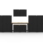 CAT garage storage cabinets with 4 lockers, 2 wall cabinets, 1 base unit, 1 drawer-base and 72 inch workbench