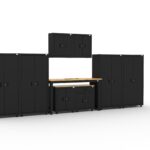 CAT garage storage cabinets with 4 lockers, 2 wall cabinets, 1 base unit, 1 drawer-base and 72 inch workbench