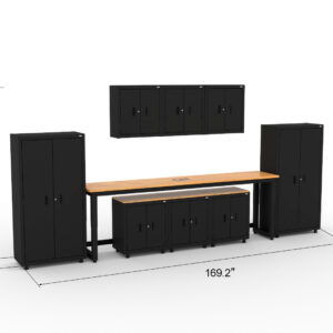 CAT garage storage cabinets with 2 lockers, 3 wall cabinets, 3 base cabinets and 96 inch workbench