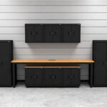 CAT garage storage cabinets with 2 lockers, 3 wall cabinets, 3 base cabinets and 96 inch workbench