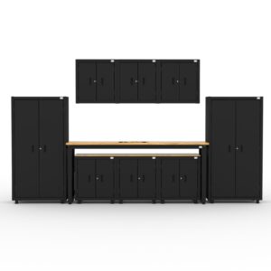CAT garage storage cabinets with 2 lockers, 3 wall cabinets, 3 base cabinets and 96 inch workbench