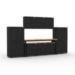 CAT garage storage cabinets with 2 lockers, 3 wall cabinets, 3 base cabinets and 96 inch workbench