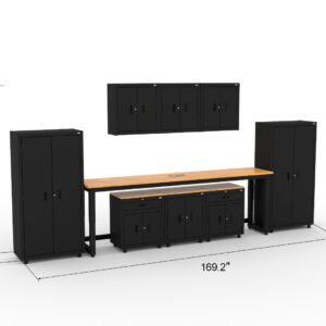 CAT garage storage cabinets with 2 lockers, 3 wall cabinets, 3 base cabinets and 96 inch workbench