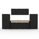 CAT garage storage cabinets with 2 lockers, 3 wall cabinets, 3 base cabinets and 96 inch workbench