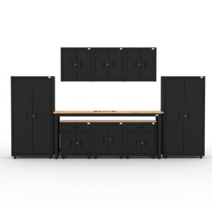 CAT garage storage cabinets with 2 lockers, 3 wall cabinets, 3 base cabinets and 96 inch workbench