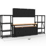 CAT storage cabinet set with 2 shelving units, 3 wall cabinets and 96 inch top