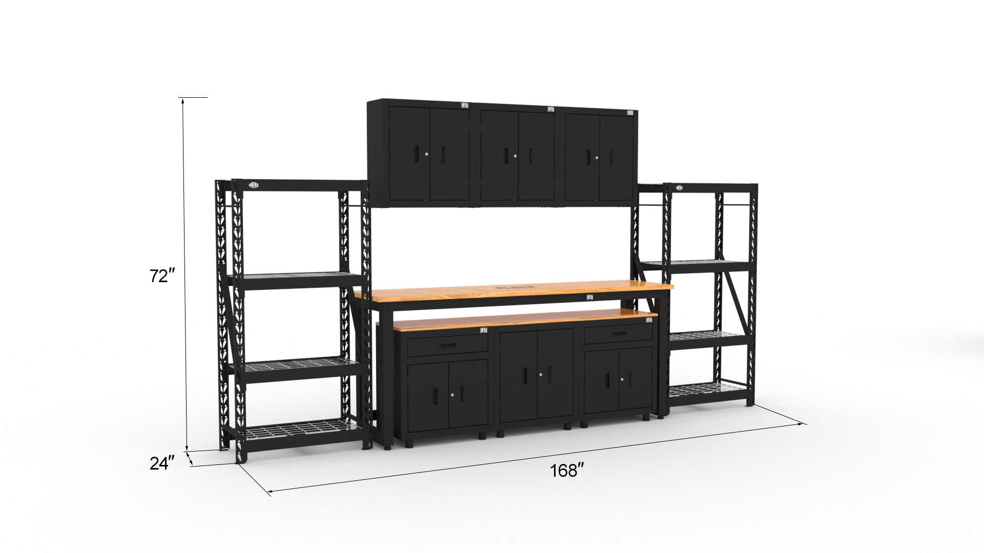 CAT-RTASETR_dims CAT storage cabinet set with 2 shelving units, 3 wall cabinets and 96 inch top