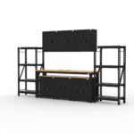 CAT storage cabinet set with 2 shelving units, 3 wall cabinets and 96 inch top