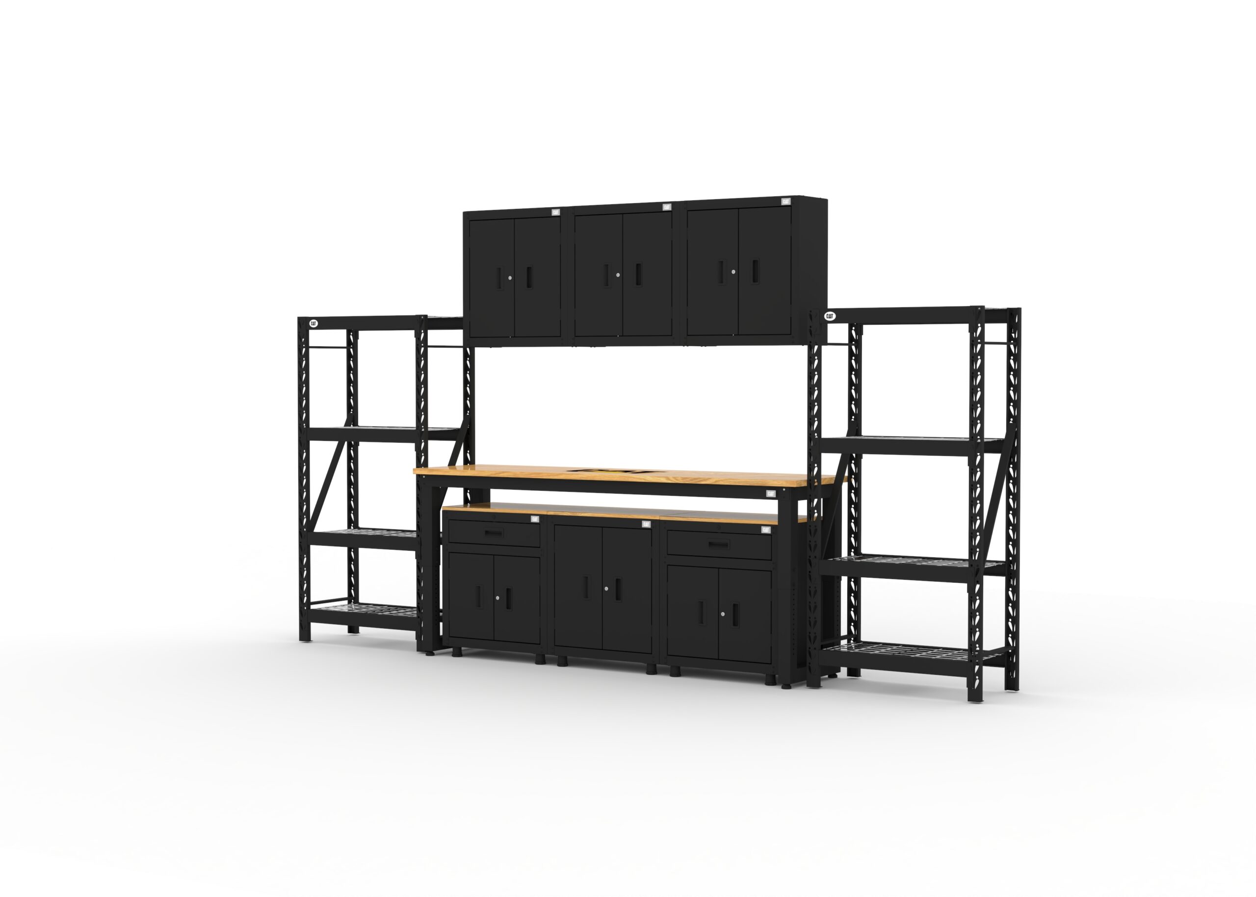 CAT-RTASETR_left CAT storage cabinet set with 2 shelving units, 3 wall cabinets and 96 inch top