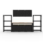 CAT storage cabinet set with 2 shelving units, 3 wall cabinets and 96 inch top