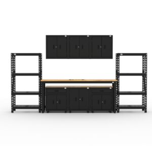 CAT storage cabinet set with 2 shelving units, 3 wall cabinets and 96 inch top