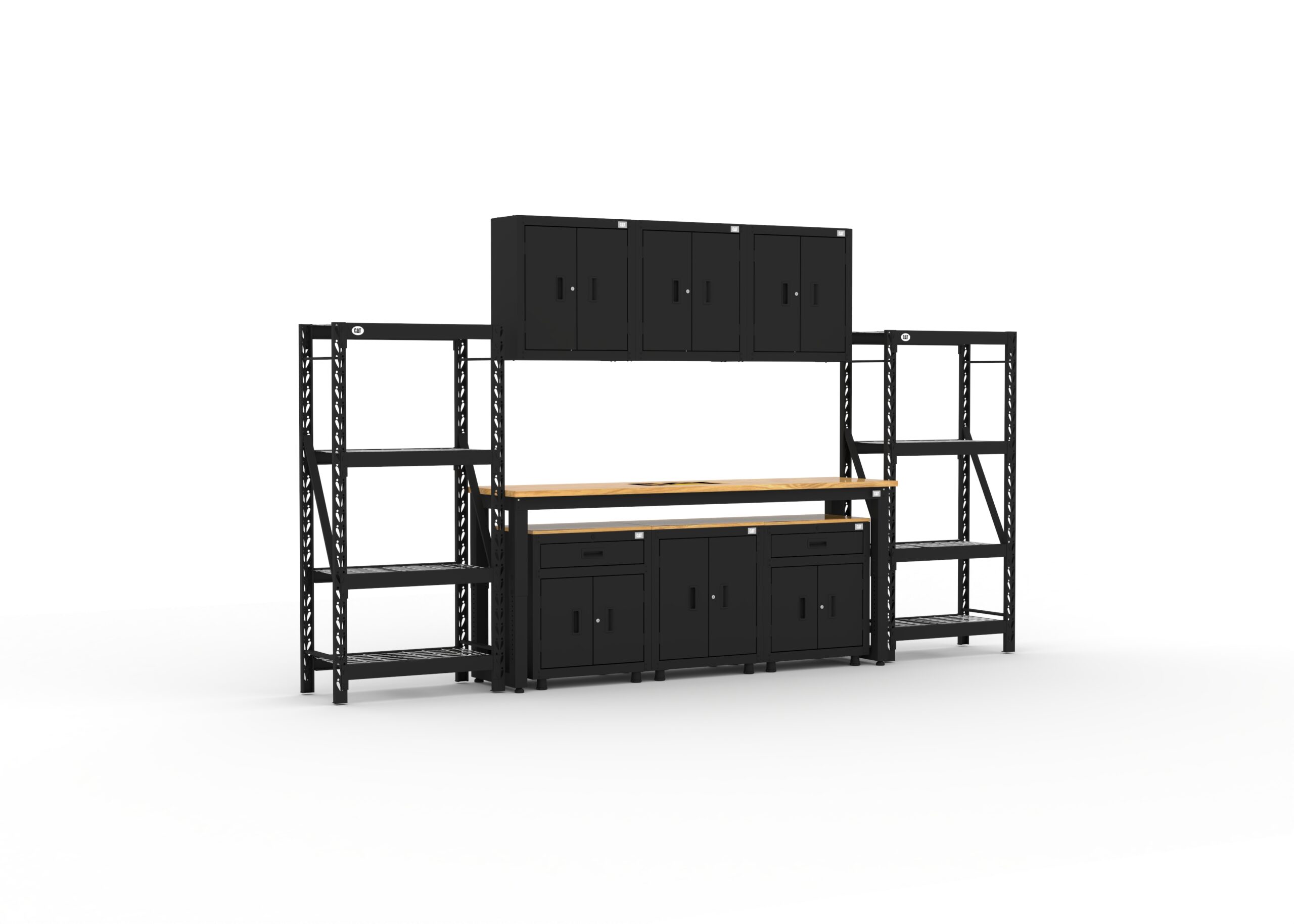 CAT-RTASETR_right CAT storage cabinet set with 2 shelving units, 3 wall cabinets and 96 inch top