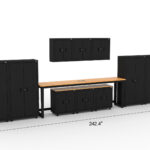 CAT storage cabinet set with 4 lockers, 3 wall cabinets, 3 base cabinets and 96 inch top