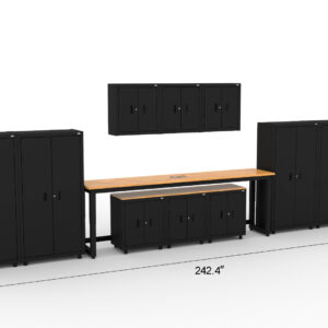 CAT storage cabinet set with 4 lockers, 3 wall cabinets, 3 base cabinets and 96 inch top