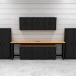 CAT storage cabinet set with 4 lockers, 3 wall cabinets, 3 base cabinets and 96 inch top