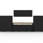 CAT storage cabinet set with 4 lockers, 3 wall cabinets, 3 base cabinets and 96 inch top